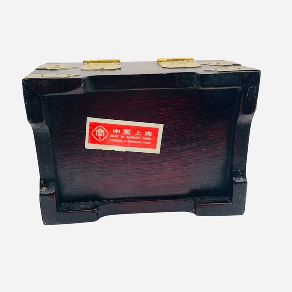 Vintage Wood & Brass Shanghai Chinese Jade Inlay Jewelry Box 5.25" x 4" - Picture 10 of 11